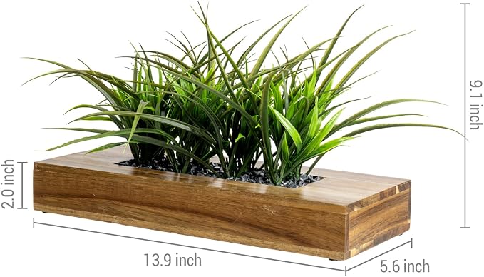 MyGift Large Artificial Green Grass Plants Potted in 14 Inch Premium Acacia - Image 5