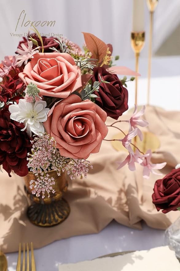 Artificial Flowers 25pcs Real Looking Burgundy & Pinky Cedar Foam Fake Roses - Image 5