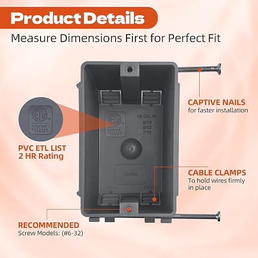 12PACK 18 Cu. in 1 Gang Electrical Box, PVC New Work Outlet Box, Single Gang - Image 3