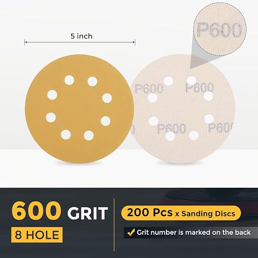 HARFINGTON 200Pcs 5Inch Sanding Discs 600Grit Yellow Aluminum Oxide 8 Hole | - Image 2