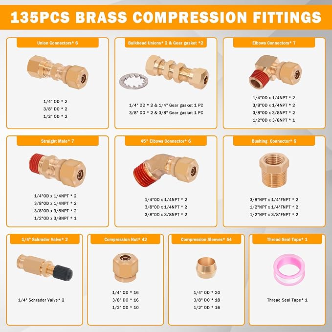 135 Pcs DOT Air Brake Line Fittings, 1/4" 3/8" 1/2" Brass DOT Compression Air - Image 2