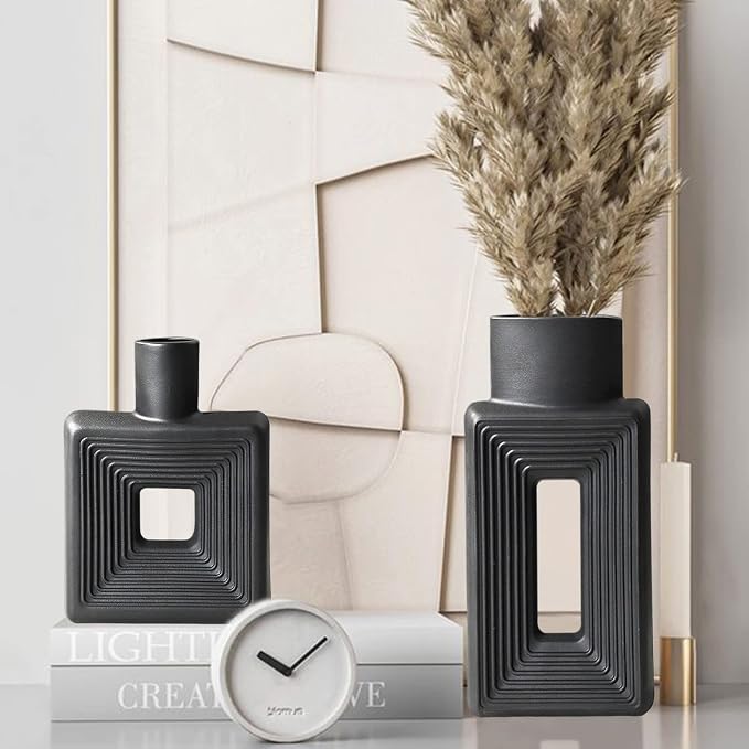 Black Ceramic Vase Set of 2，Square Vase Rustic Home Decor Minimalist Nordic - Image 2