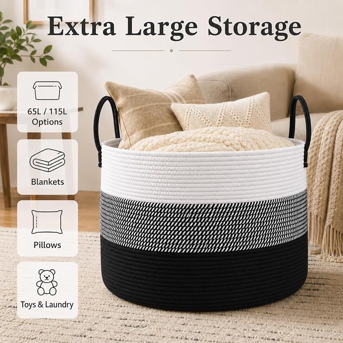 JMvicyroam 65L Extra Large Machine Washable Cotton Rope Blanket Basket | - Image 2