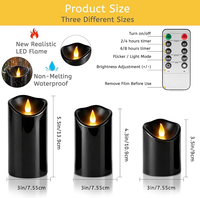 Flameless Candles 4" 5" 6" Set of 3 Outdoor Indoor Black Pillars Battery - Image 4