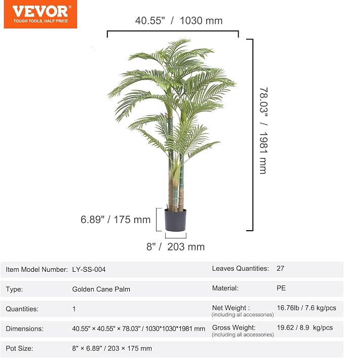 VEVOR Artificial Golden Cane Palm Tree, 6.5 FT Tall Faux Plant, PE Material & - Image 7