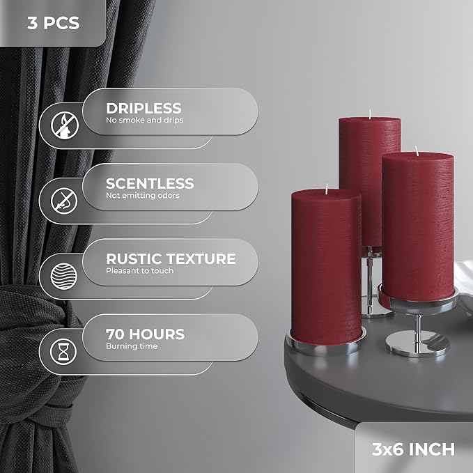 Large Pillar Candles 3x6 Inch – Set of 3 Unscented Dripless Burgundy Candles - Image 2