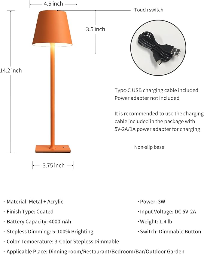 KDG 2 Pack Cordless Orange Table Lamps, Rechargeable Portable LED Desk Lamp | - Image 5