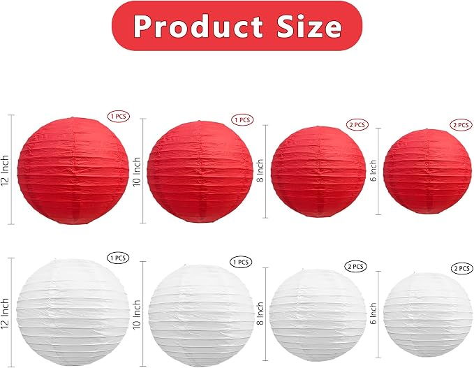 BEISHIDA Red White Paper Lanterns 12Pcs 6/8/10/12 Inch Round Chinese Lamp | - Image 2