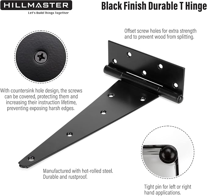 HILLMASTER 12 Inch T-Strap Heavy Duty Shed Door Hinges Gate Strap Hinges Black - Image 3