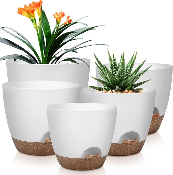 QRRICA Plant Pots 10/9/8/7.5/7 Inch Self Watering Pots, Plastic Flower Pots by QRRICA
