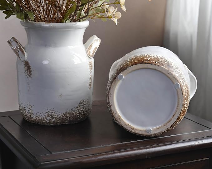 Quoowiit Ceramic Rustic Farmhouse Vase, Distressed Decorative Flower Vase - Image 5