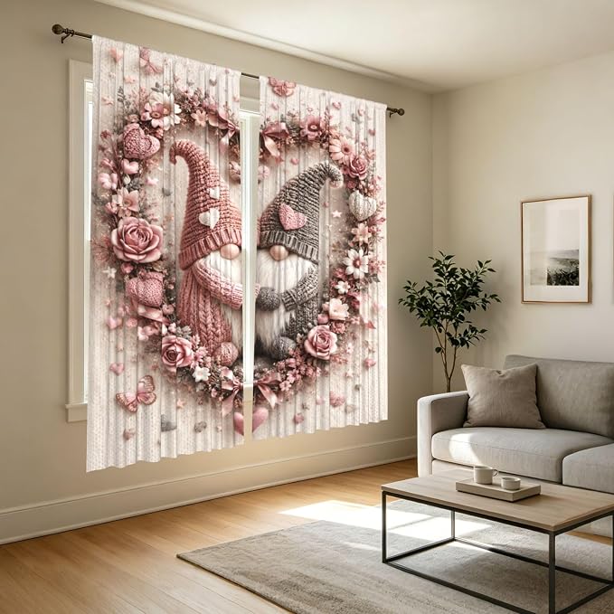 Knitted Gnomes Floral Heart Window Curtains 2 Panels Set, 52 X 84 Inch - Image 7