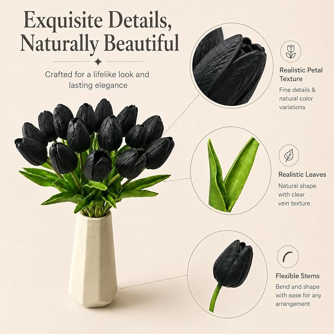 Mandy's 20pcs Artificial Black Tulips | 13.5 Inch Lifelike PU Tulips Faux - Image 4