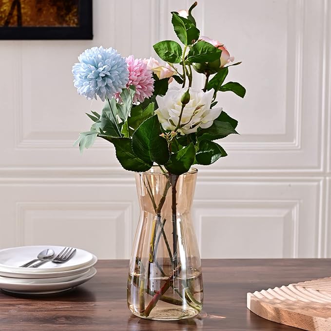 8 Inch Amber Glass Vase for Flowers, Modern Boho Table Decor | Farmhouse Vases - Image 6