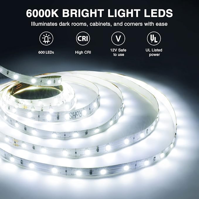 Onforu White LED Strip Lights, 32.8FT 6000K Super Bright Dimmable Tape Light Kit - Image 2