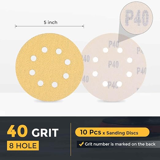 HARFINGTON 10Pcs 5Inch Sanding Discs 40Grit Yellow Aluminum Oxide 8 Hole | Hook - Image 2
