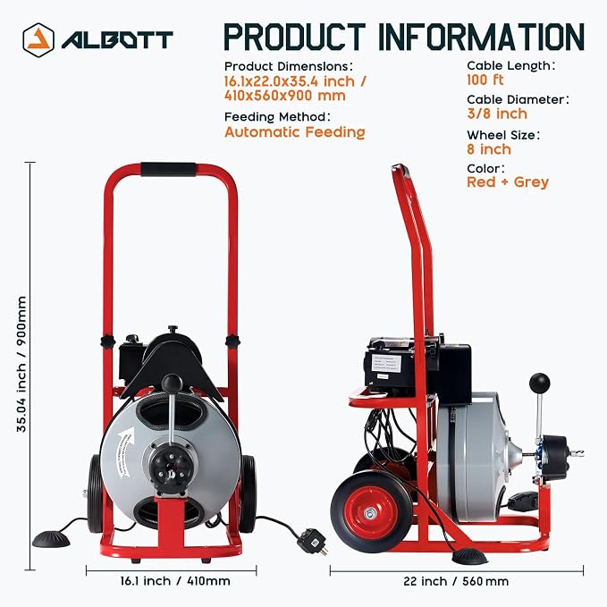 Albott 100 FT x 3/8 Inch Electric Drain Cleaner Machine | Auto-Feed Sewer Snake - Image 2