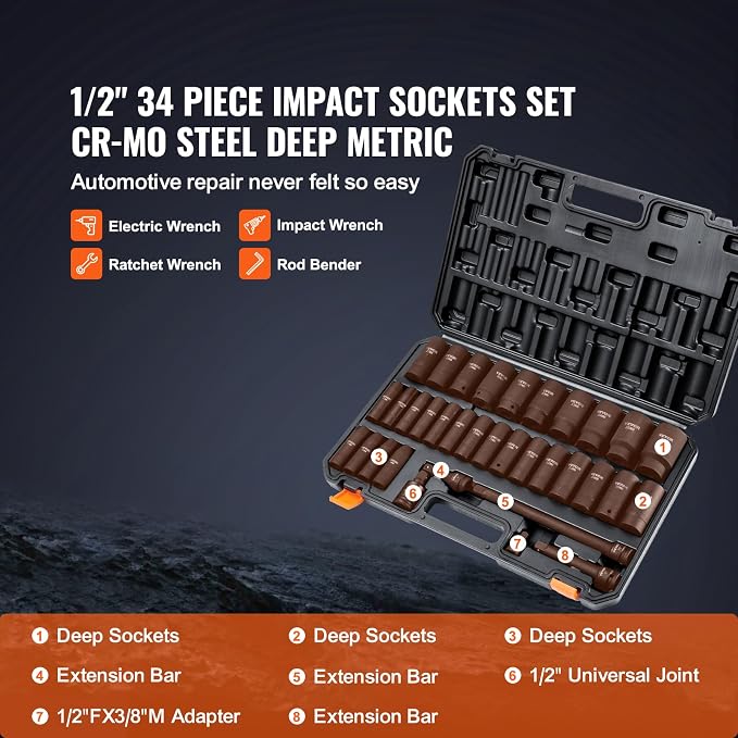 VEVOR 1/2" Drive Impact Socket Set, 34 Piece Socket Set Metric 8-36mm, 6 Point - Image 3