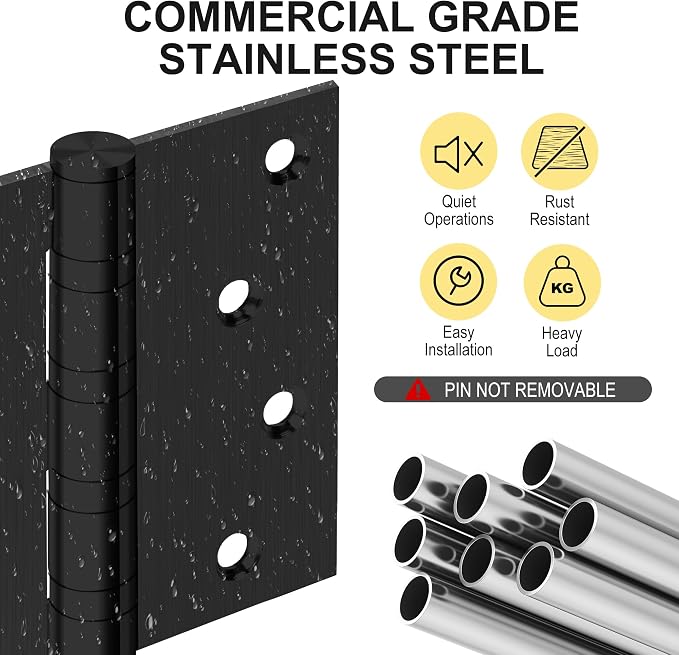 6 Pack 4 Inch Heavy Duty Door Hinges, Stainless Steel, Square and 5/8'' Radius - Image 3