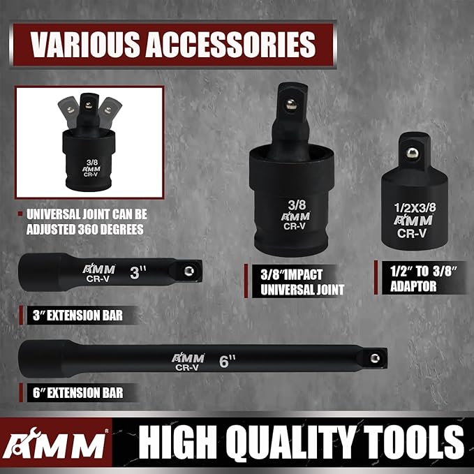 AMM 3/8" Drive Impact Socket Set, 48-Piece Standard SAE and Metric Size - Image 4