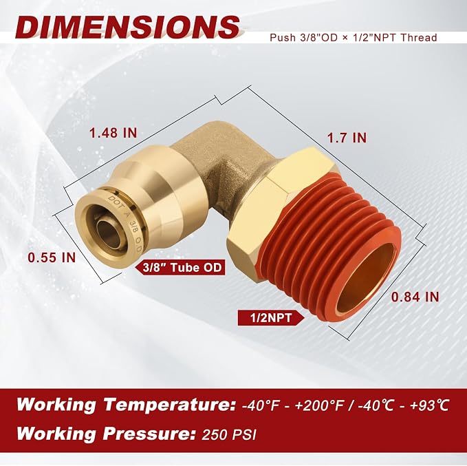 90° Swivel Male Elbow, 3/8" Tube x 1/2" NPT, DOT Approved 5PCS | - Image 5