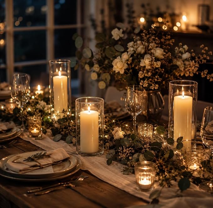 3 Sets Pillar Candles and Hurricane Glass Candle Holders Cylinder Vases - Image 6
