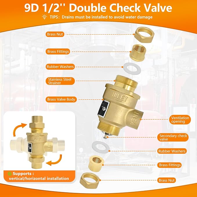 1/2" 9D-M3 Dual Check Valve Backflow Preventer, Brass Backflow Preventer | 1/2" - Image 6