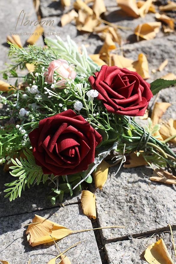 Artificial Flowers 25pcs Real Looking Burgundy Foam Fake Roses - Image 6