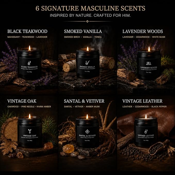 Scented Candles for Men, 6 Masculine Scents Set, 7 oz Each | 200H Burn Time - Image 2