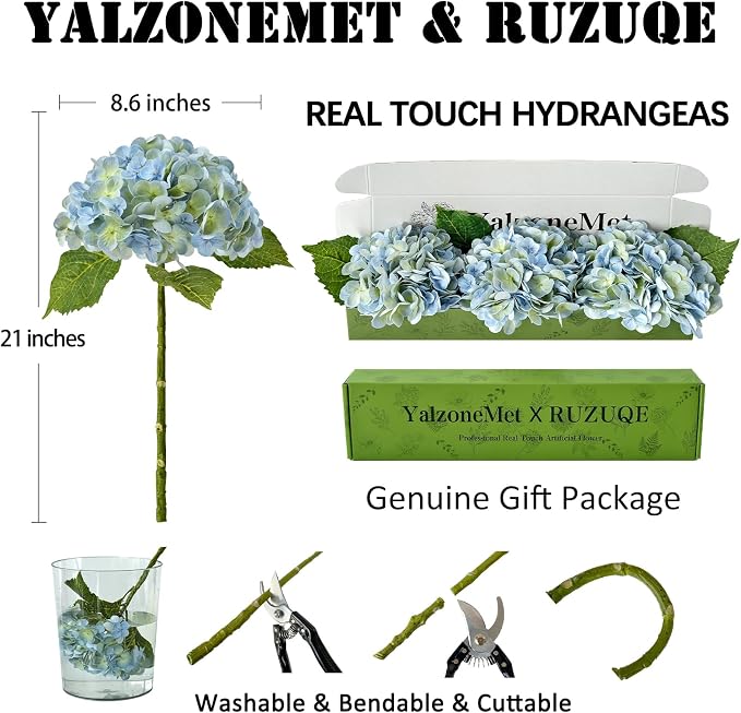 YalzoneMet 3 PCS Light Blue-Green Hydrangea Artificial Flowers 21'' Real Touch - Image 4