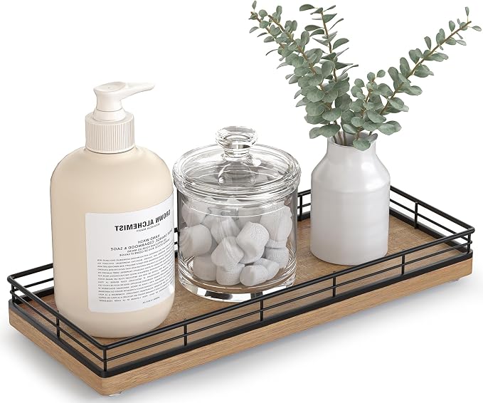 Bathroom Tray for Counter Top Organizer, Acacia Wood Vanity Tray | Metal Frame by Focusonit