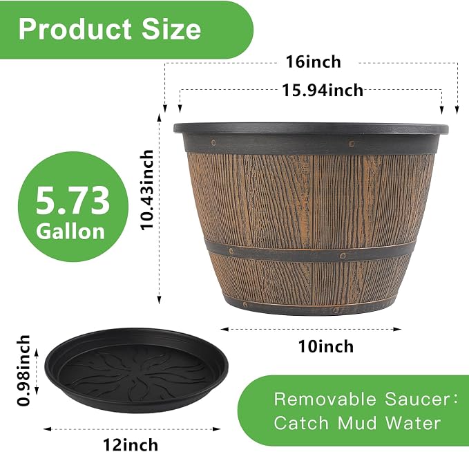 16-inch-Plant-Pots-Indoor-Outdoor, 4 Pack Large Whiskey Barrel Planters - Image 3