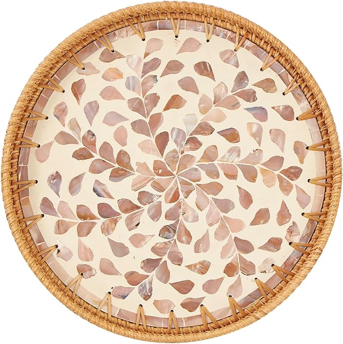 Kmelep Round Rattan Tray with Mother of Pearl Inlay, Rattan Serving Tray with by Kmelep