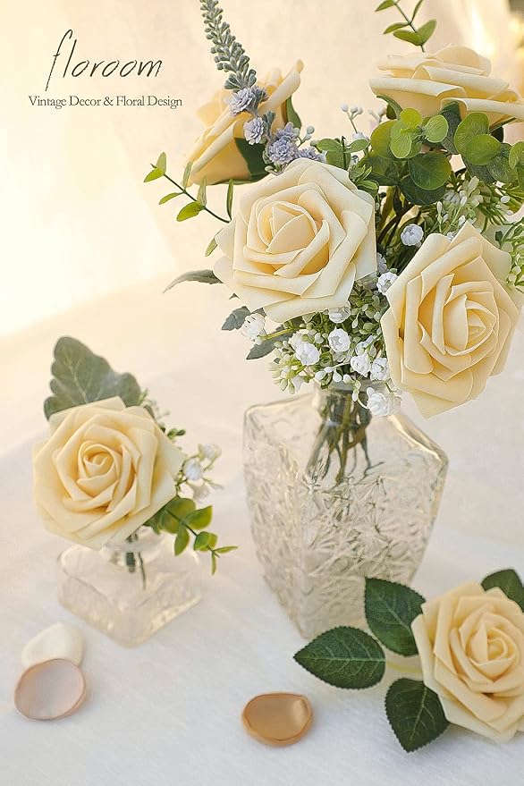 Artificial Flowers 25pcs Real Looking Creamy Yellow Foam Fake Roses - Image 3