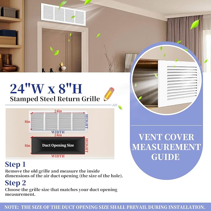 Fancat 24"W x 8"H Return Air Grille, Steel HVAC Return Air Vent Cover - Image 2