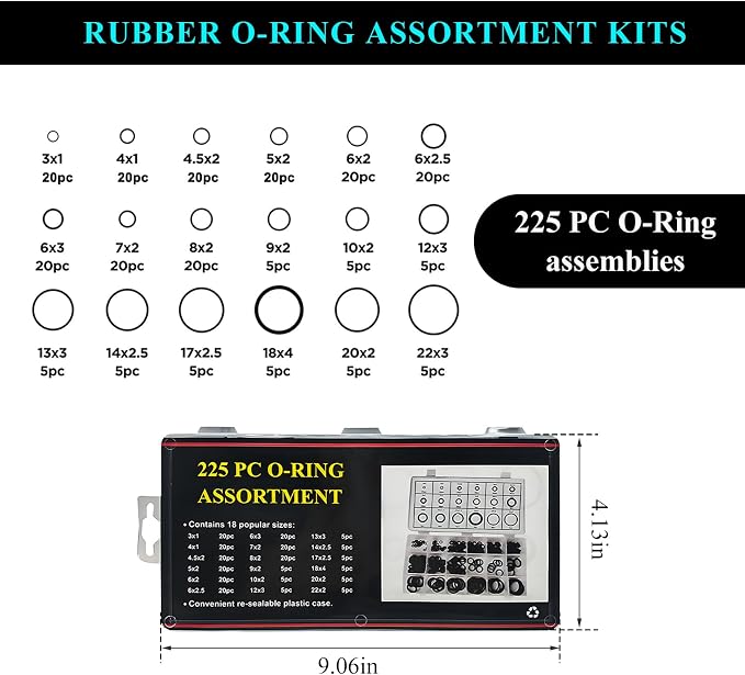 225PCS Rubber O-Ring Assortment Kit, 18 Sizes Heat-Resistant Rubber O Ring - Image 2
