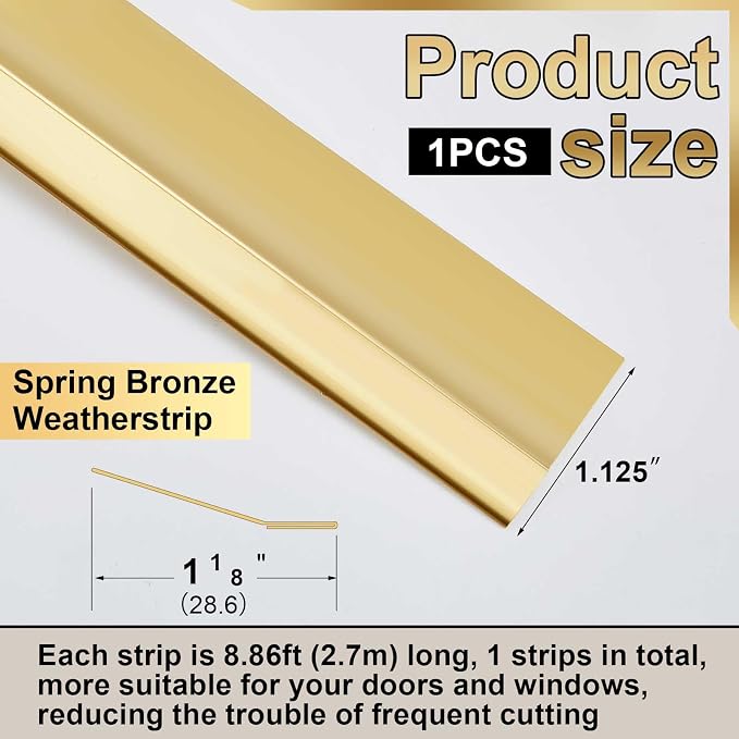 Zonon 1-1/8" W x 8.86' L Spring Bronze Weather Stripping Metal Brass Weather - Image 2