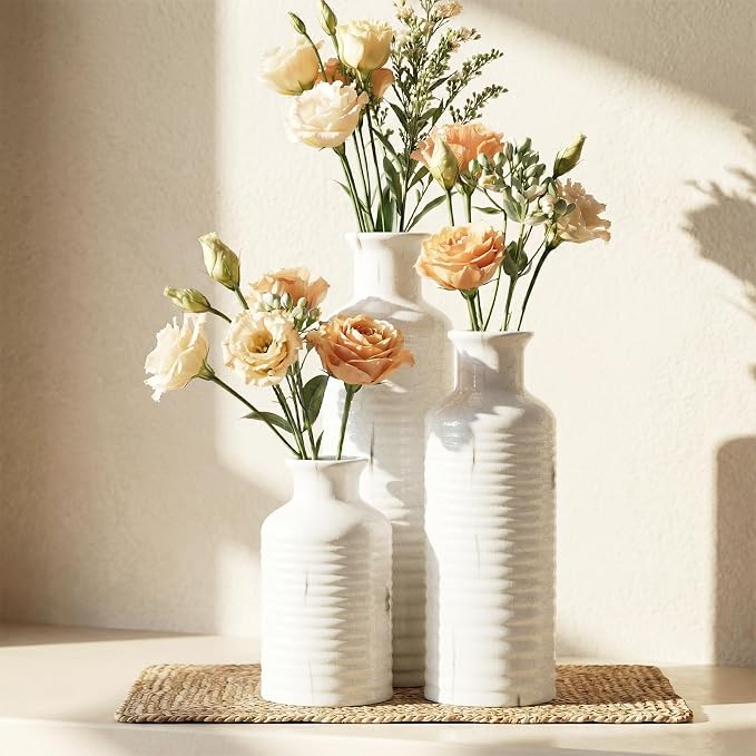 Firehold Crackle Glaze Ceramic Vase Set of 3, Decorative Flower Vases | Rustic by Unknown
