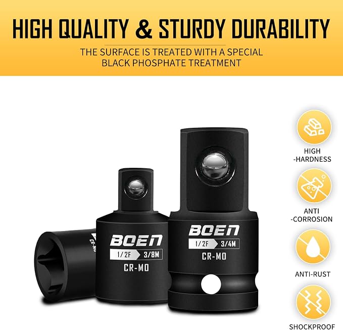 BOEN 5 Piece Impact Socket Adapter Set and Reducer Set, Standard SAE, 1/2" - Image 4