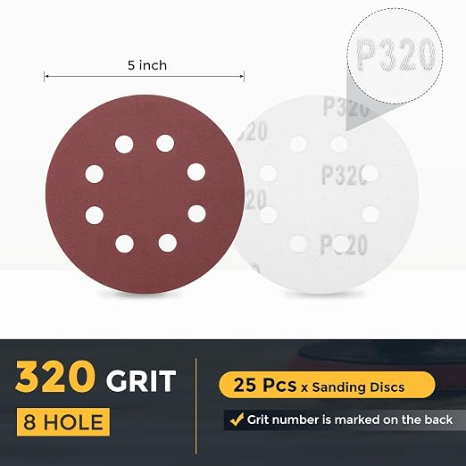 HARFINGTON 25 Pcs 5 Inch Sanding Discs 320 Grit Red Aluminum Oxide 8 Hole | - Image 2