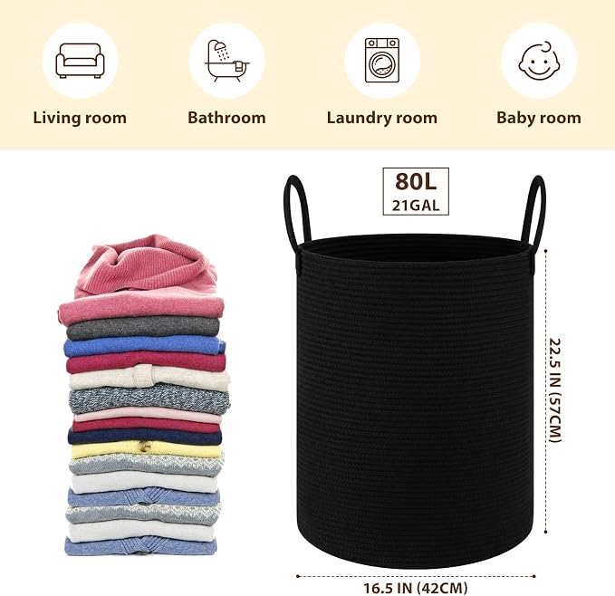 OIAHOMY 80L Nursery Hamper Laundry Basket Laundry Hamper Black | collapsible - Image 2