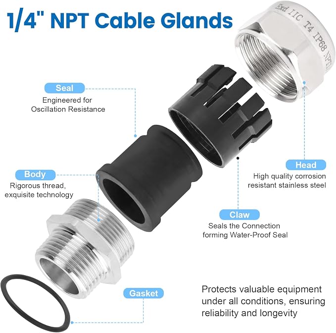 QCG 1/4" NPT Stainless Steel Cable Gland Waterproof IP68, Adjustable - Image 5
