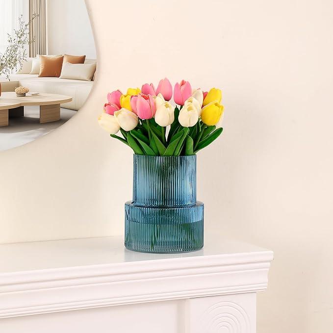 Blue Glass Vase, Ribbed Glass Vase - Image 4