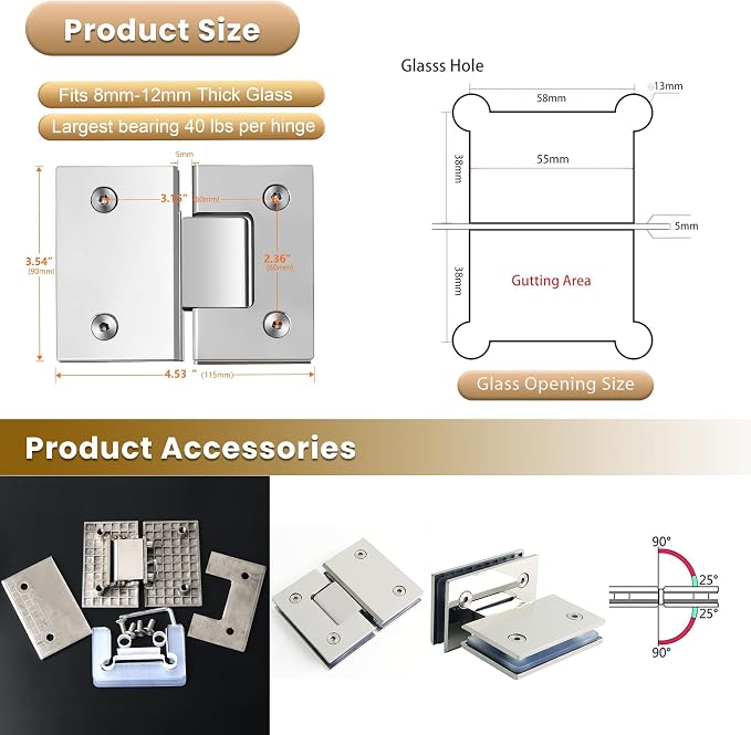 Alise Glass Shower Door Hinge, 180° Hinge - Image 2