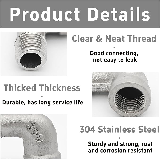 2Pcs 90 Degree Street Elbow, 1/4" NPT Male x 1/4" NPT Female, 304 Stainless - Image 5
