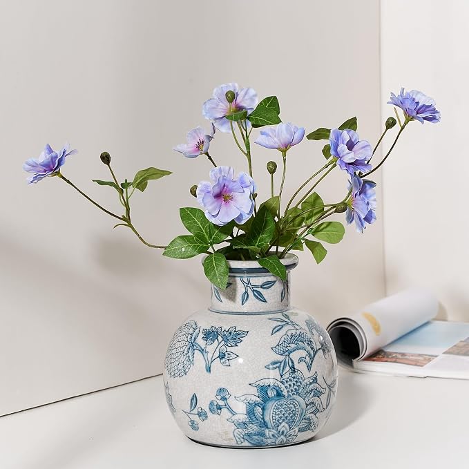 SIDUCAL Blue and White Vintage Vase | 6 Inch Ceramic Chinoiserie Floral | Retro - Image 2