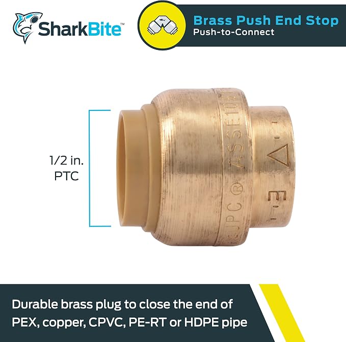 SharkBite 1/2 Inch Push Cap, Push to Connect Brass Plumbing Fitting, PEX Pipe - Image 2