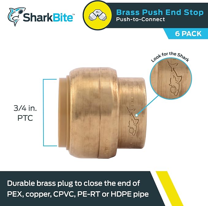 SharkBite 3/4 Inch Push Cap, Push to Connect Brass Plumbing Fitting, PEX Pipe - Image 2