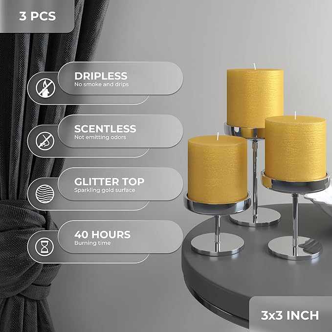 3x3 Inch Gold Pillar Candles Set of 3 - Image 3