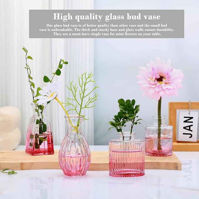 Glass Bud Vases Set of 4, Small Pink Flower Vases - Image 4